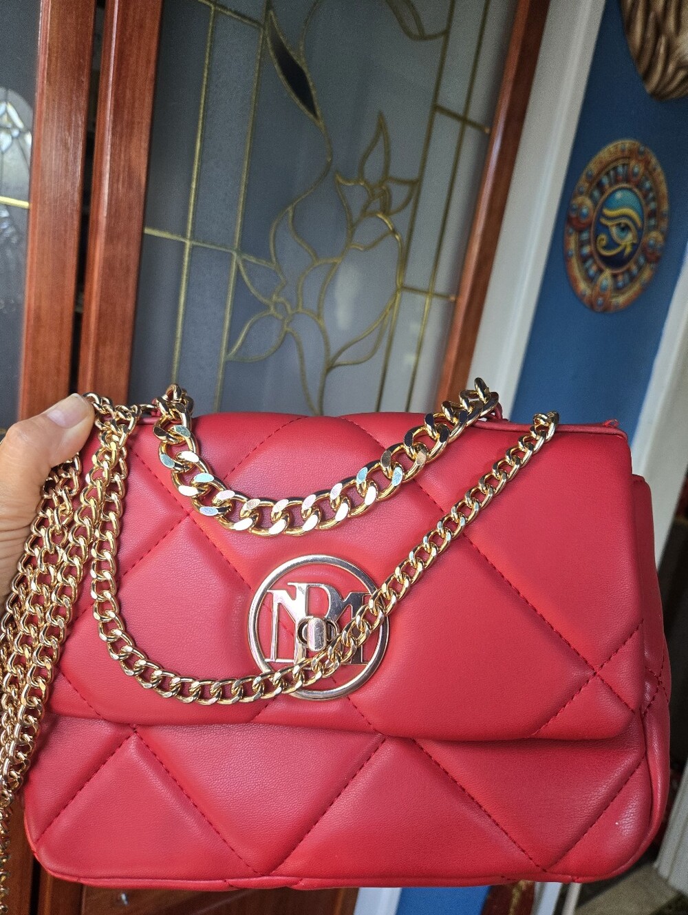 Striking Bright Lipstick Red Quilted  Bag with Gold Chain